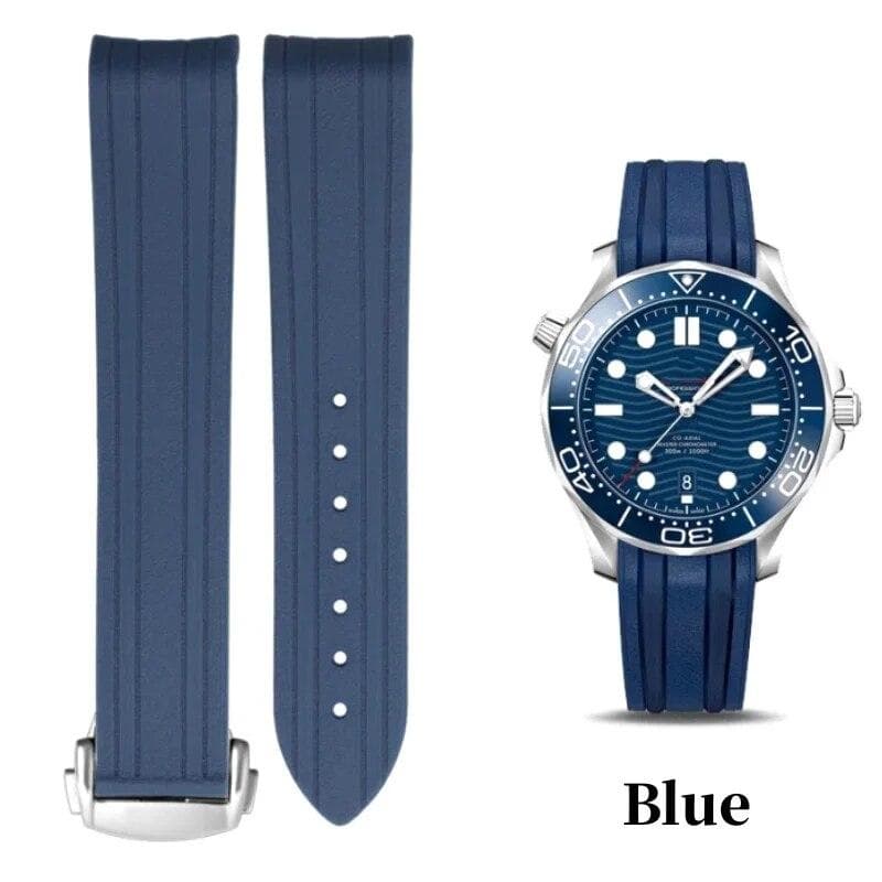 20mm Curved End Rubber Watch Strap for Omega Seamaster 300 AT150 Speedmaster 007 Folding Buckle Bracelet Silicone Watchband Blue-with buckle 20mm with logo