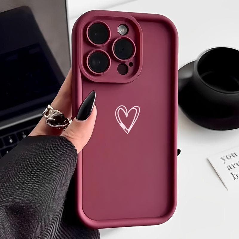 Plain Love Heart Pattern Phone Case For iPhone 16 15 14 13 Pro Max 12 11 Pro XR XS 8 7 Air 17 Solid Color Shockproof Lens Protection Soft Cover iPhone 15 Pro wine red