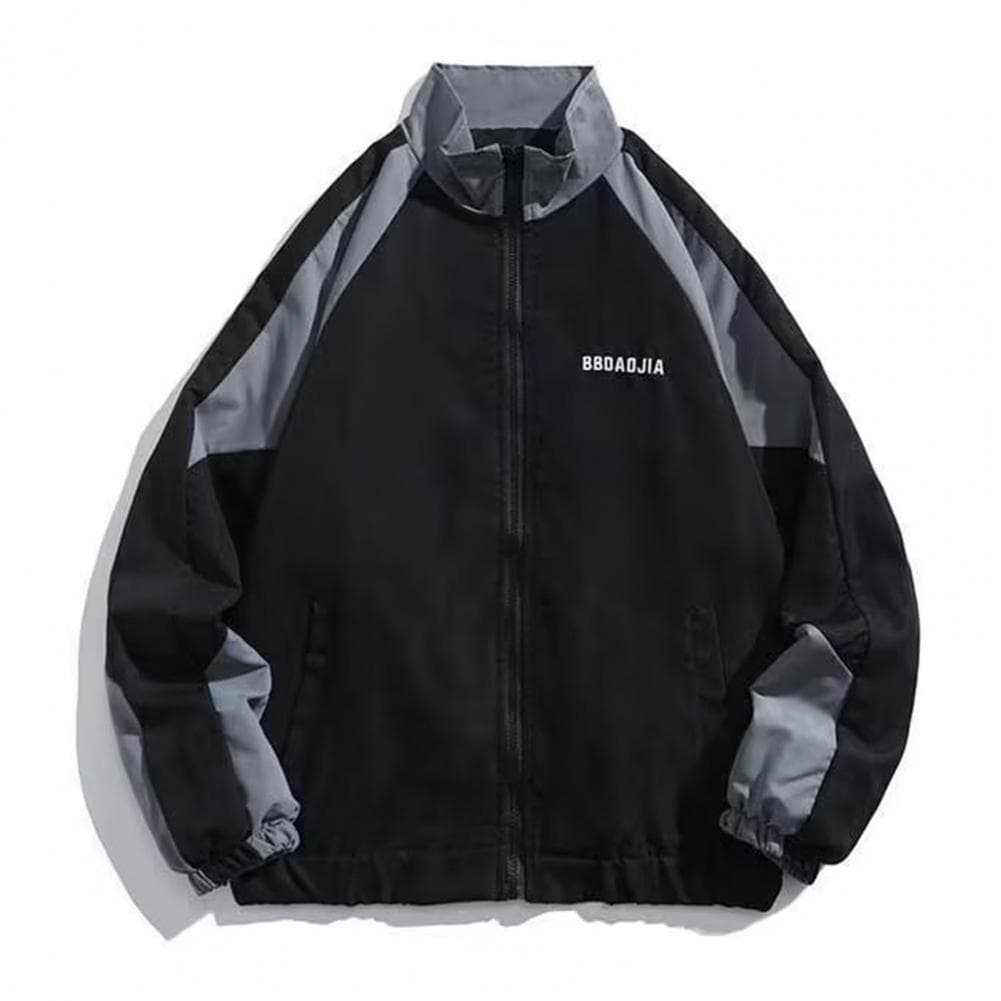 Hip Hop Jacket Patchwork Windbreaker Coats for Women Men Casual Zipper Stand-up Collar Block Outerwear for Spring Autumn Outdoor XXXL black