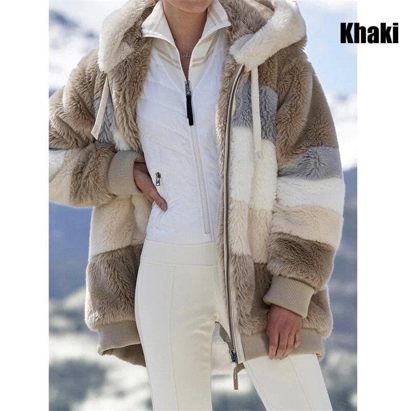 Winter Women's Fashion Hooded Warm Loose Jacket for Women Patchwork Outerwear Zipper Ladies Plus Size Sweaters XXXXXL khaki