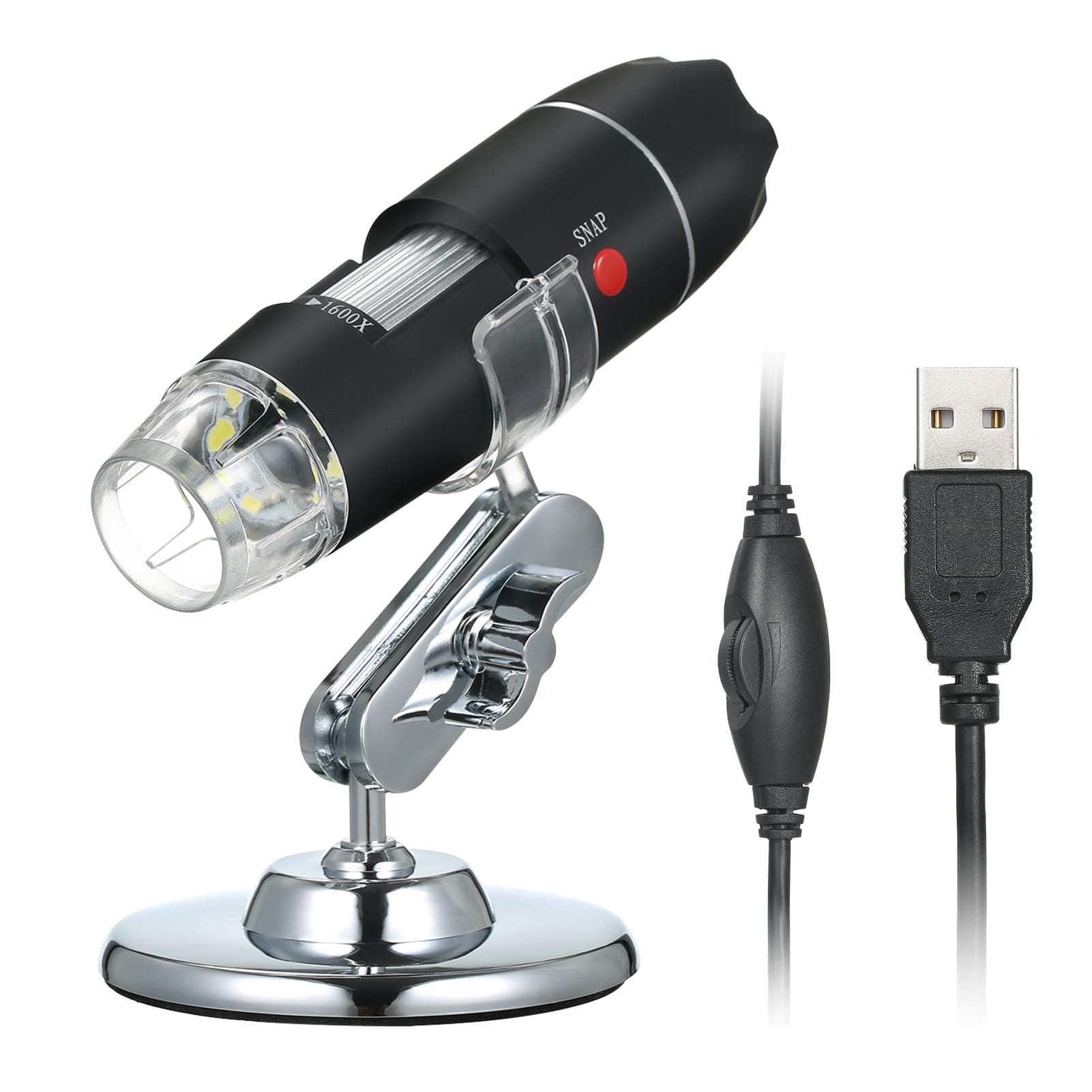 USB Digital Microscope 1600X Magnification Camera 8 LEDs with Stand Portable Handheld Inspection black