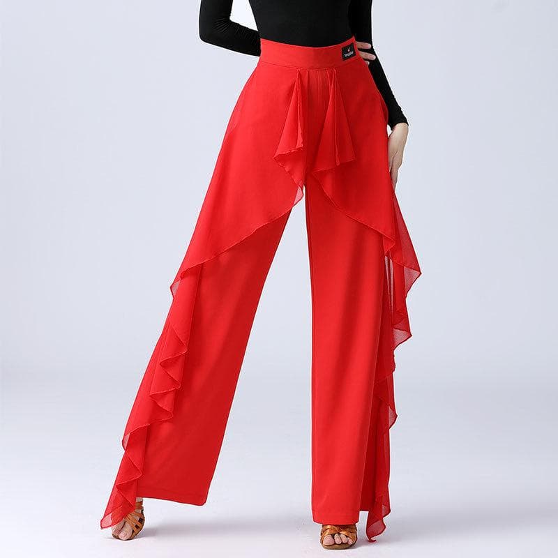 Women's High Waist Ruffled Wide-Leg Latin Dance Pants Modern Dance Pants XL red