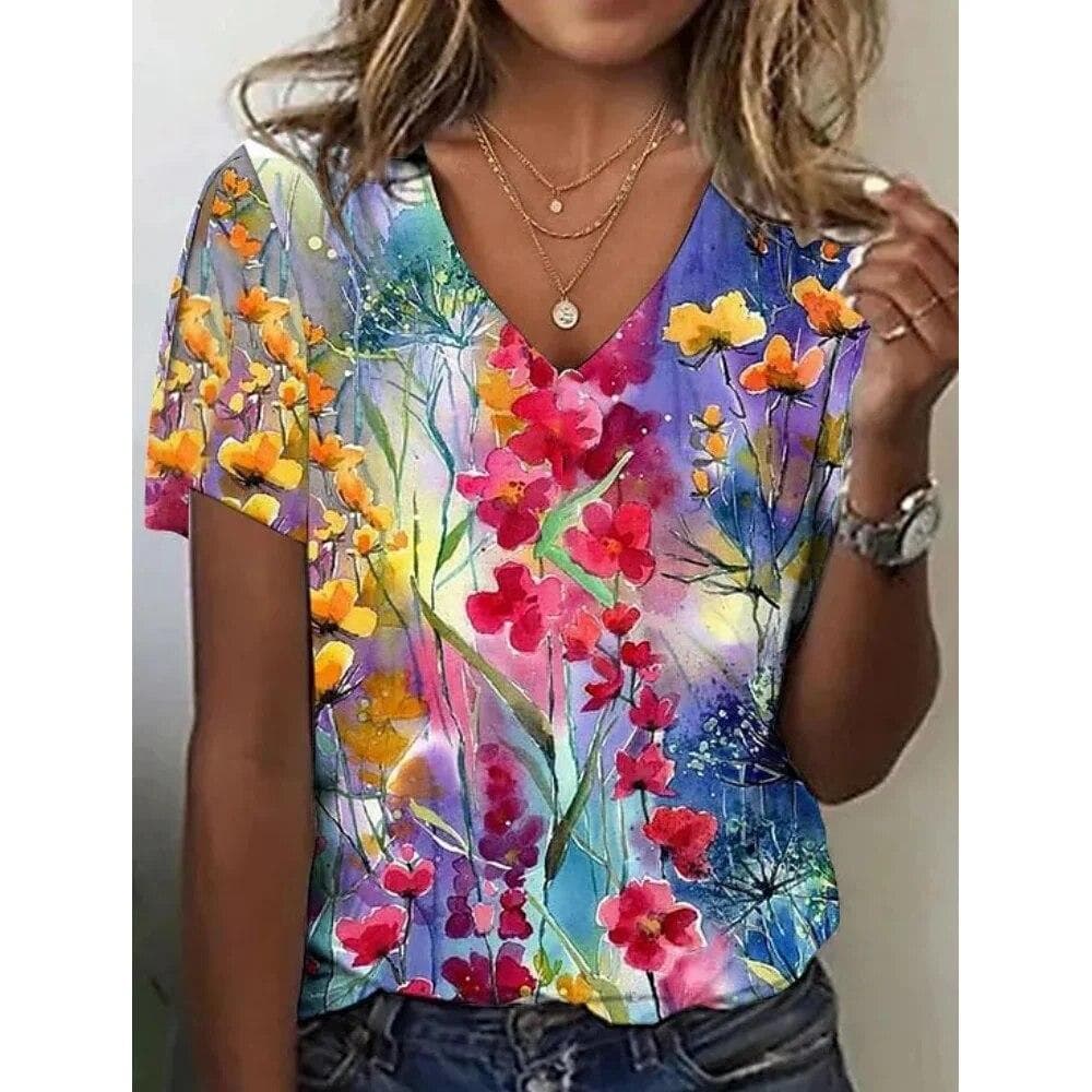 Fashion Women'S T-Shirt 3d Flowers Print Clothing V-Neck Short Sleeve Tops Summer Harajuku Ladies Pullover Oversized Female Tees 2XL