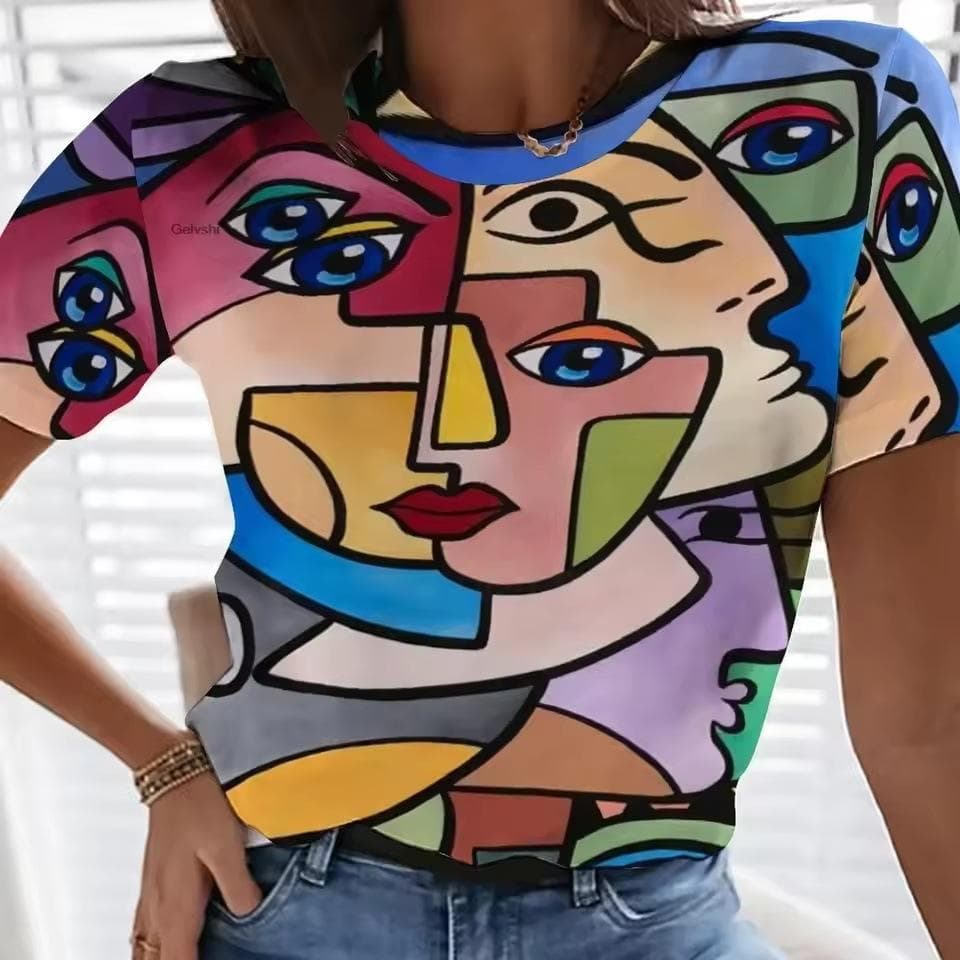 Summer Round Neck 3D Picasso's Abstract Painting Print Top Fashionable Casual Short Sleeved Women's T-shirts M