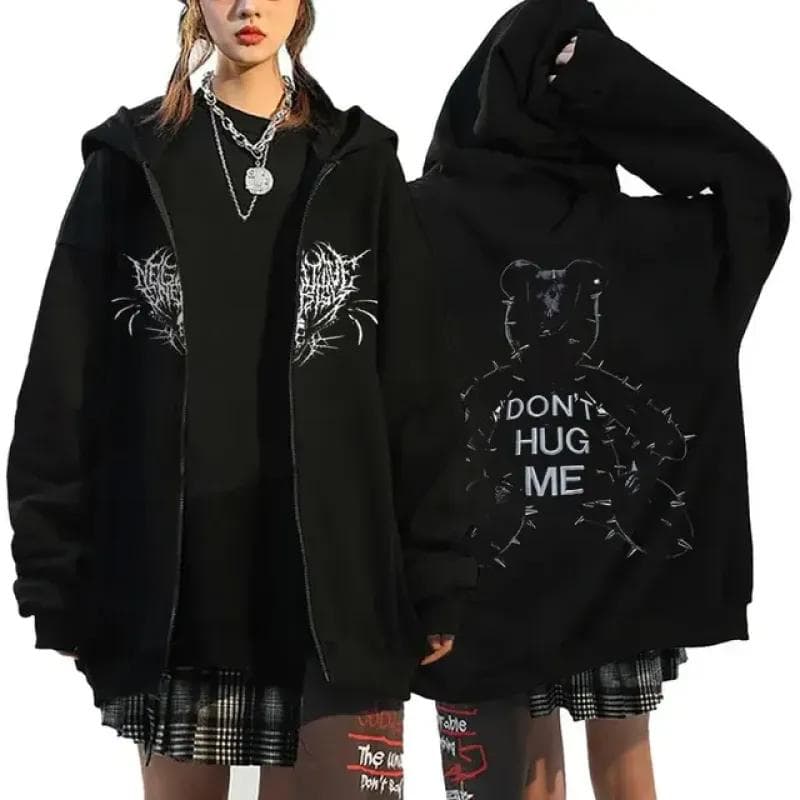 Gothic Style Heart Print Hoodies Women Fleece Zipper Hoodie Harajuku Streetwear Sweatshirts Loose Casual Y2K Zip Up Jacket M