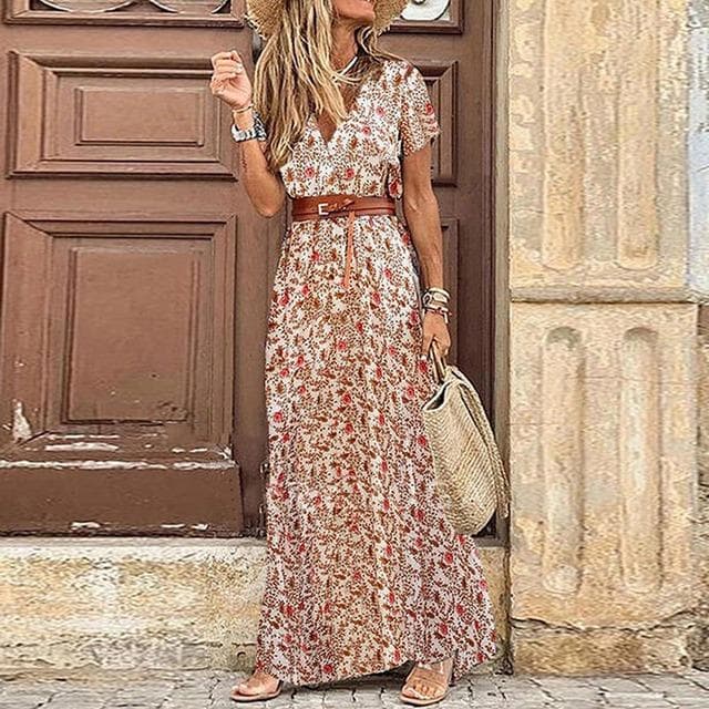 Women Boho Floral Dress Summer Casual V Neck Short Sleeve Paisley Printed Belt Dress 2023 Ladies Beach Party Big Hem Maxi Dress L red