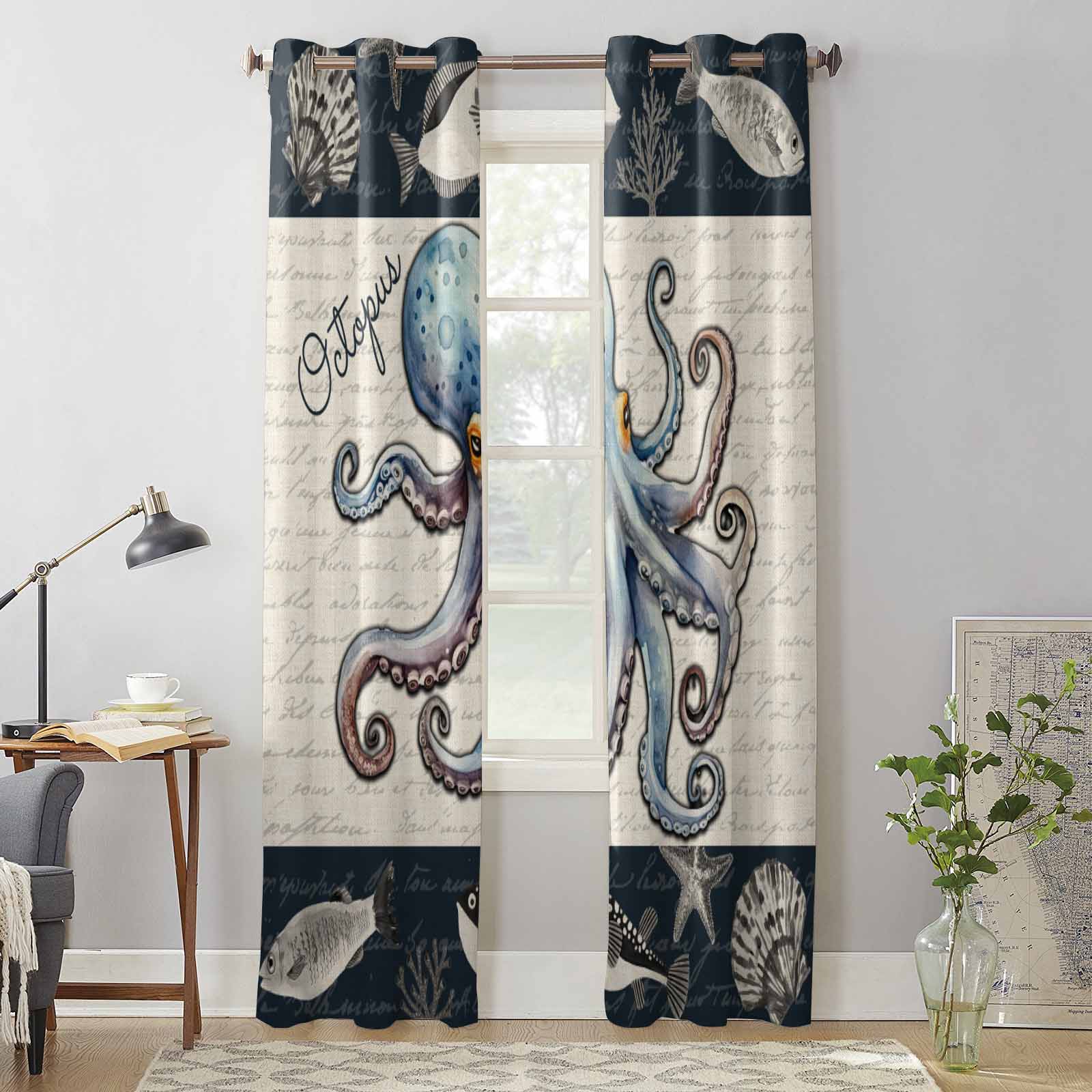 Octopus Shell Starfish Window Curtains for Living Room Luxury Bedroom Curtain Kitchen Blinds Drapes Curtains 135W x 60H(cm) x1