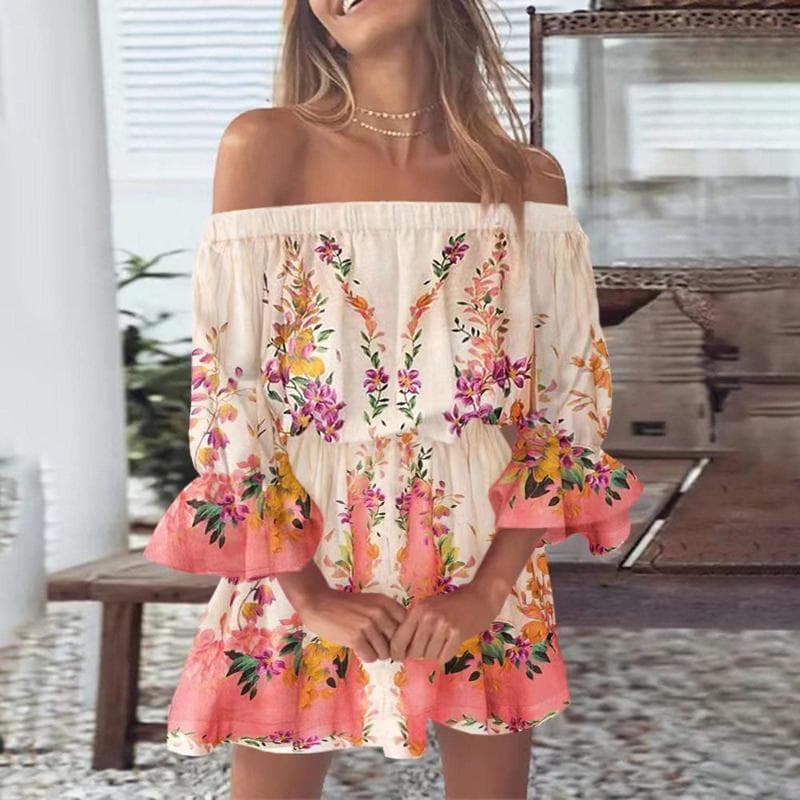 Women Floral Print Mini Dresses Summer Sexy Off Shoulder Flare Sleeve Tunic Dress Female Casual Boho Beach Dress M pink