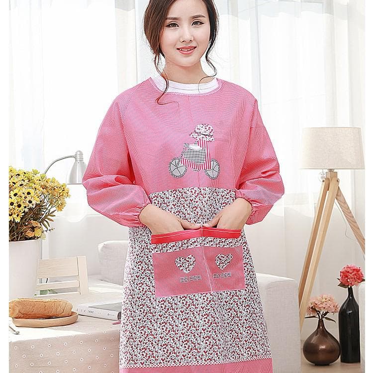 Waterproof & Oil-Resistant Cotton Smock Apron with Long Sleeves, Custom Logo, Back-Wear Design for Adults rose red