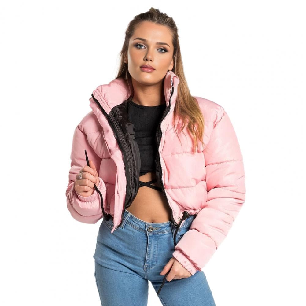 Women's Cotton-Padded Coat Lightweight Solid Color Warm Jacket with Drawstring Hem Stand Collar Zipper Short Padded Coat for Aut S pink