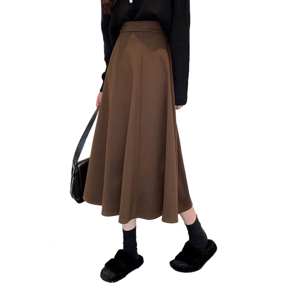 Women Midi Skirt High Waist A-Line Skater Skirt Solid Color Large Hem Commuting Style Office Lady Skirt Workwear S coffee