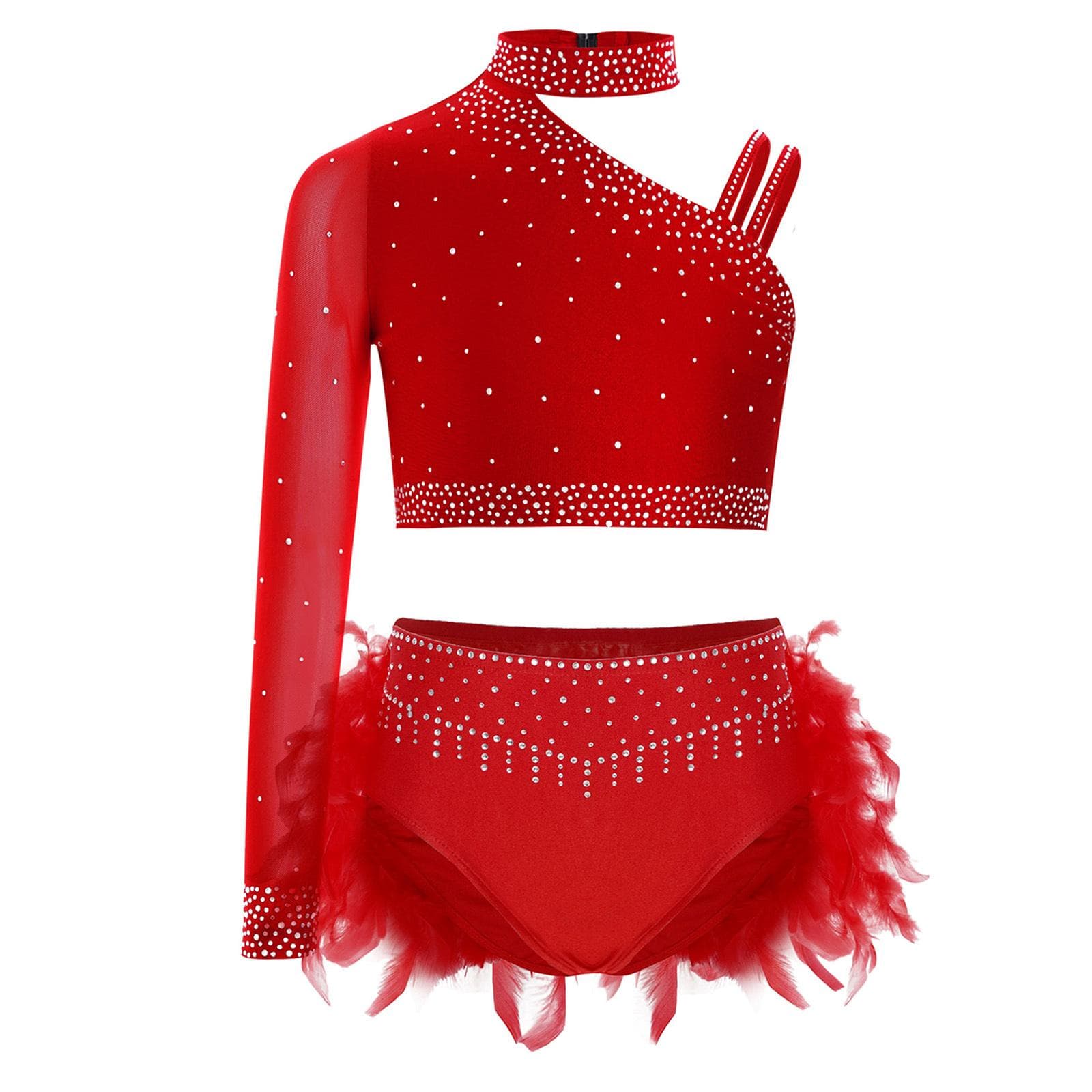 Kids Girls Glittery Dance Costume Set Rhinestone Embellished Crop Top Asymmetric Shoulder and Feather Shorts Outfit 5-6 Years red