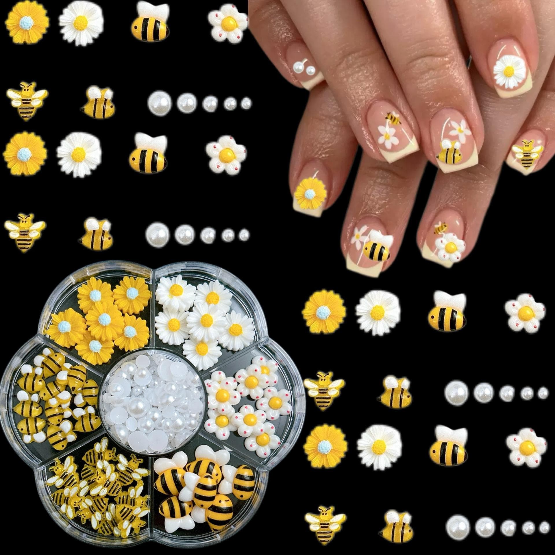 1 Box Cartoon Nail Charms 3D Yellow Honey Pot Little Bee White Simulation Pearl Little Daisy Flowers For Nail Art Accessories Diy Nail Supplies
