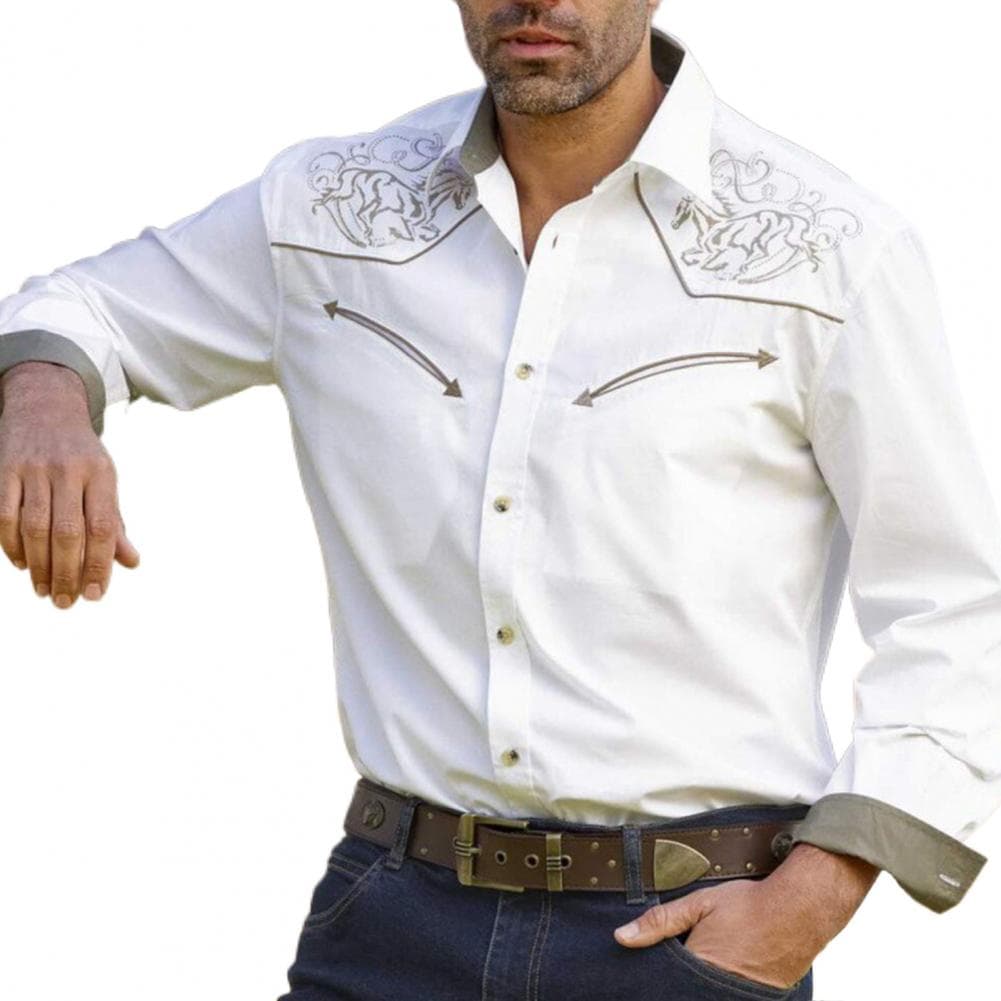 Men Spring Shirt Vintage Western Cowboy Print Single-breasted Slim Fit Long Sleeve Turn-down Collar Buttons Streetwear Casual Bu M white