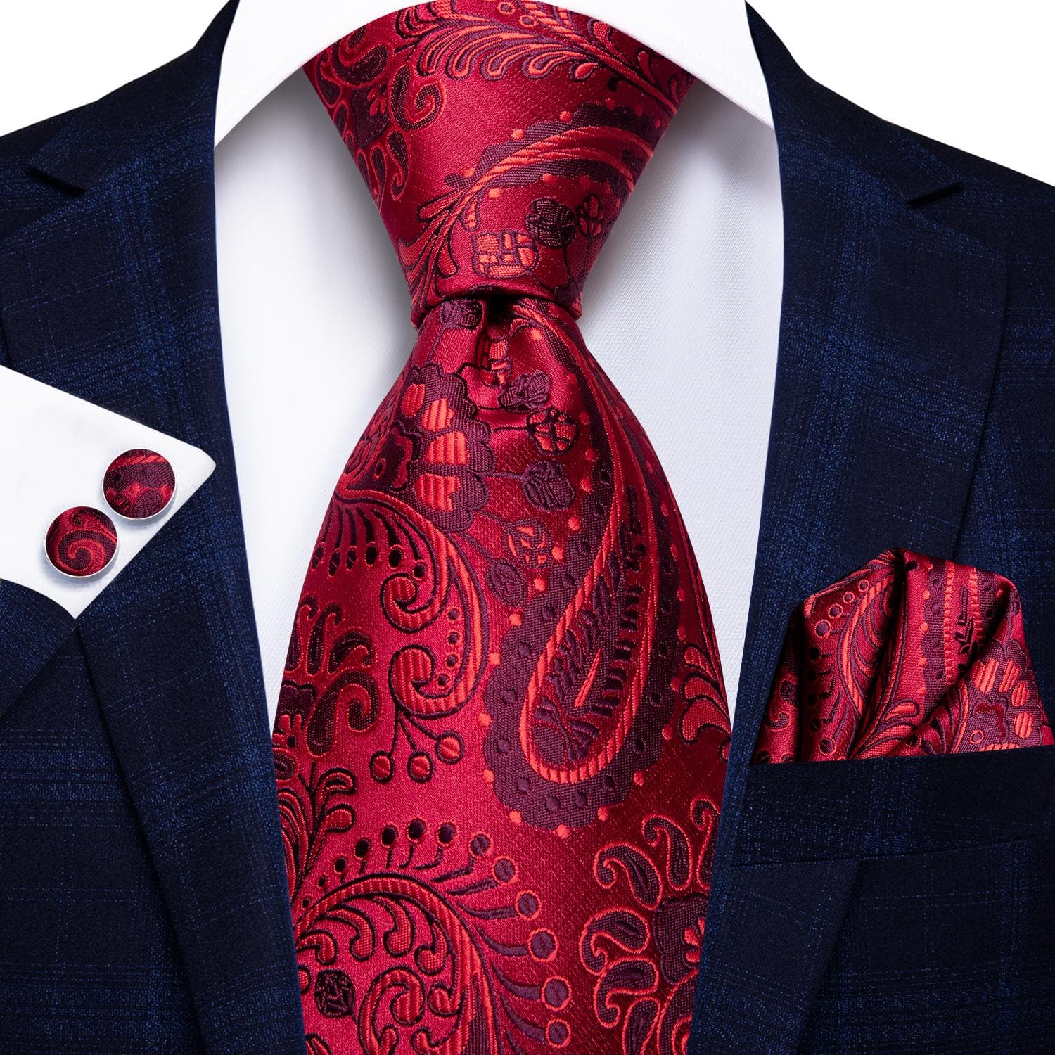 Hi-Tie Mens Accessories Silk Tie Handkerchief Cufflinks Set for Wedding Party Floral Solid Necktie N-3194