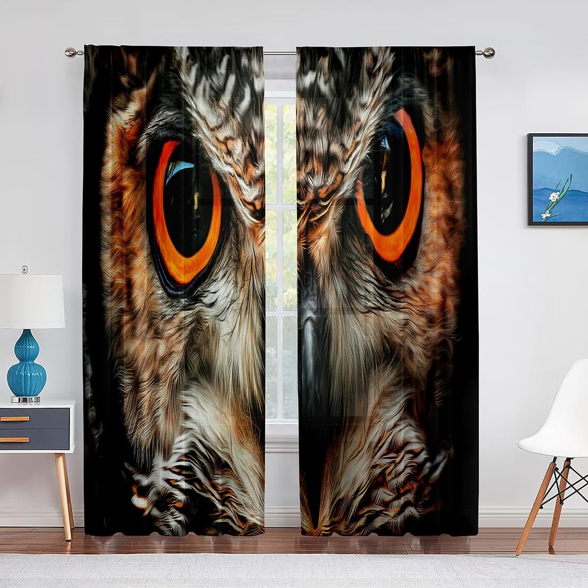 Cartoon Colored Owls Sitting on Branches Flowers Sheer Curtain for Living Room Decoration Tulle Window Curtain for Bedroom Voile 1 PCS W100XH250cm&Grommet Top