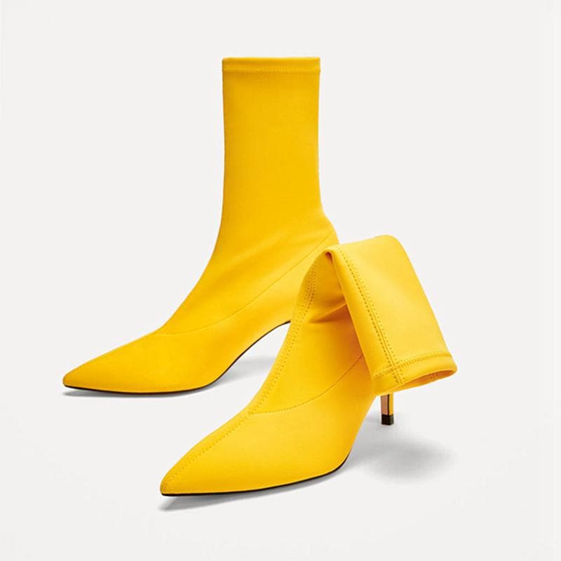 Autumn Women Sock Boots Stretch fabric High Heels Pointed Toe Ankle Boots Pumps Stiletto Lady Shoes 34 yellow
