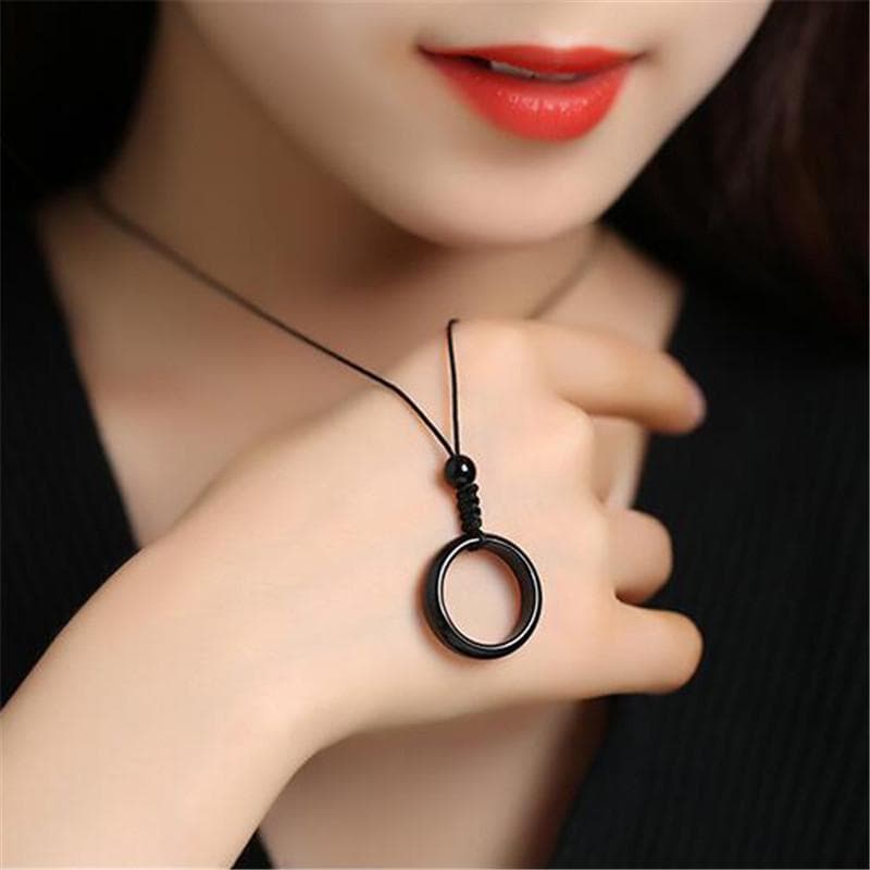 Natural Obsidian Ring Pendants Good Luck Women Long Chain Necklaces Knitted Jewelry Gift Accessories 1SET