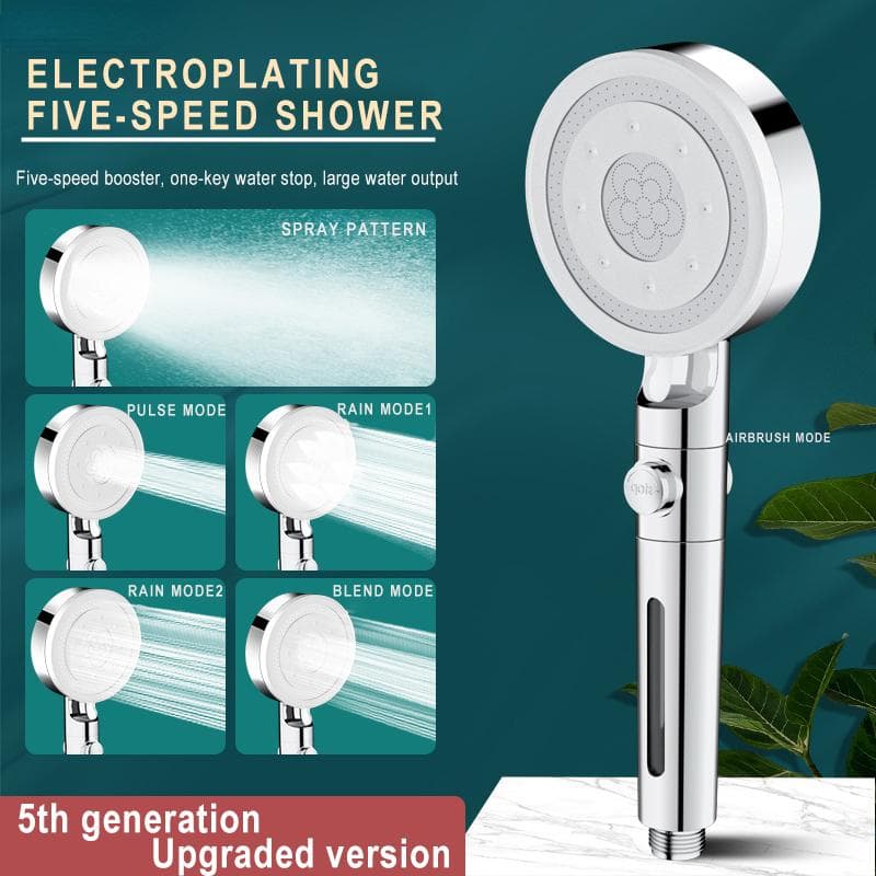 High Pressure Shower Head 5 Modes Adjustable Bathroom Filter Showerhead One-key Stop Water Bathroom Accessories silver