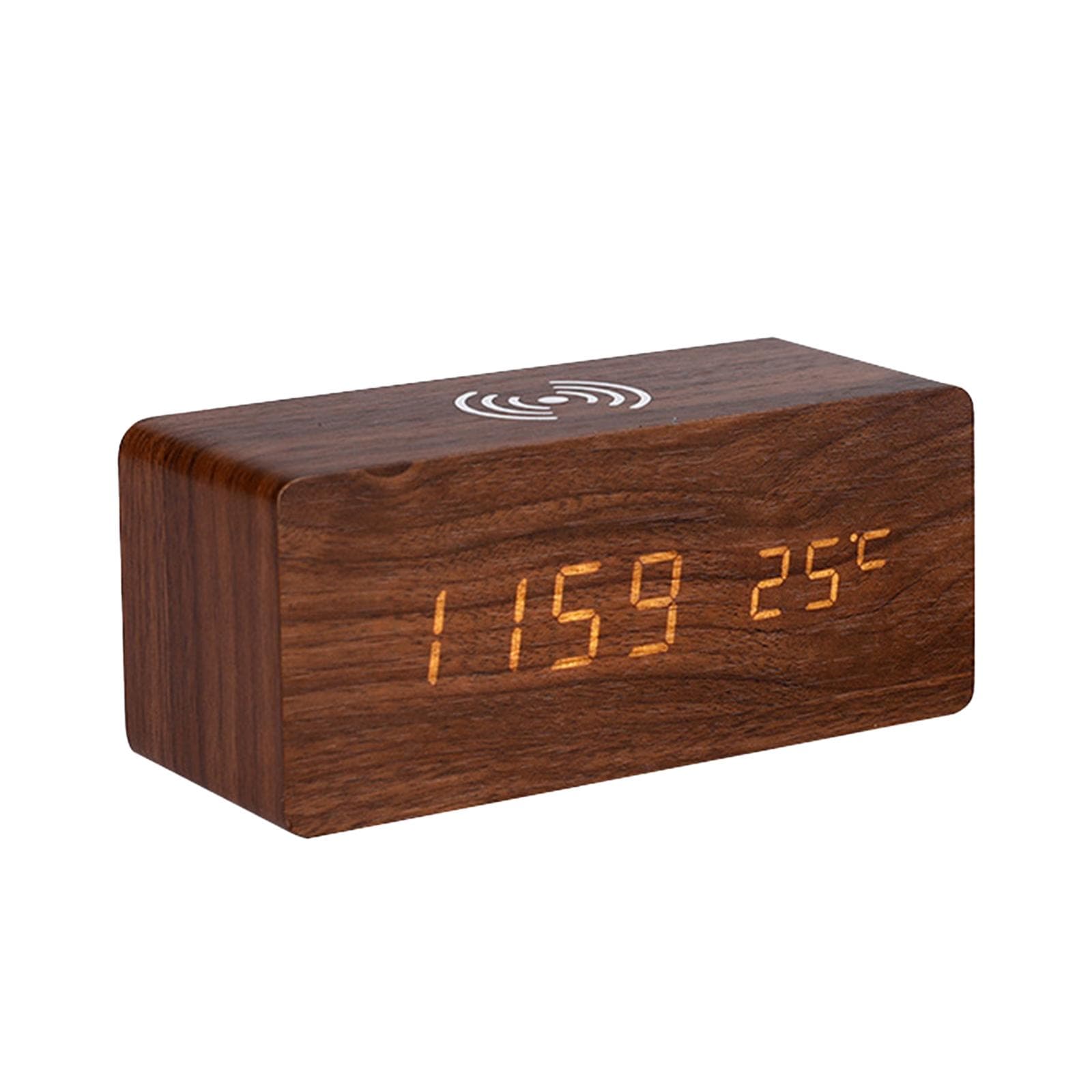 Digital Wooden Alarm Clock Electronic LED Time Display for Bedroom 10W Wireless Charging 3 Alarm brown