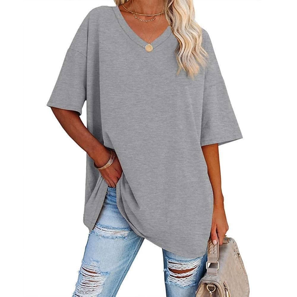 Summer Women's T-shirt Casual Solid Color V-Neck Large Size Loose Short Sleeve Top M light grey