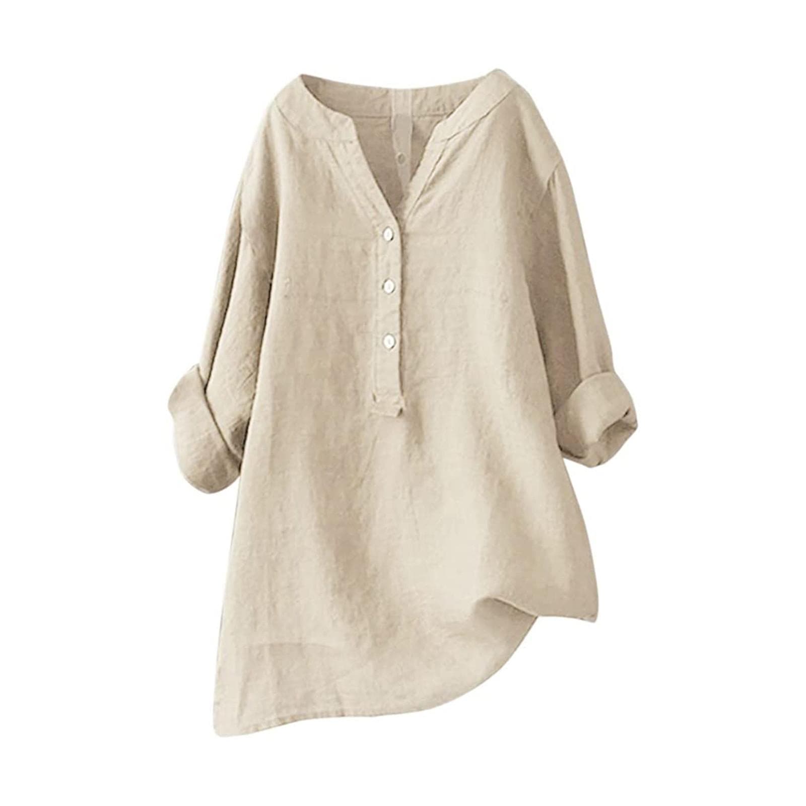 Women Solid Stand Collar Long Sleeve Shirt Casual Loose Blouse Button Down Tops XXXL beige