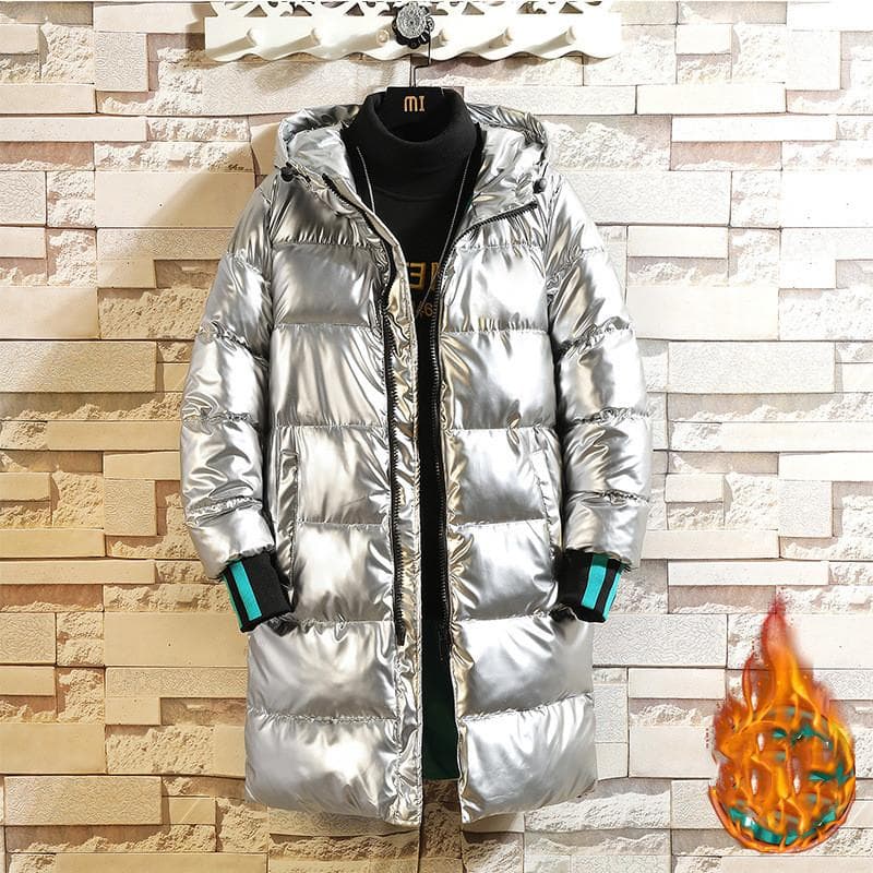Outdoor Warm Over-the-knee Shiny Down Jacket Coat Windproof Fashion Top Men's Autumn and Winter Long Hooded Down Jacket L white