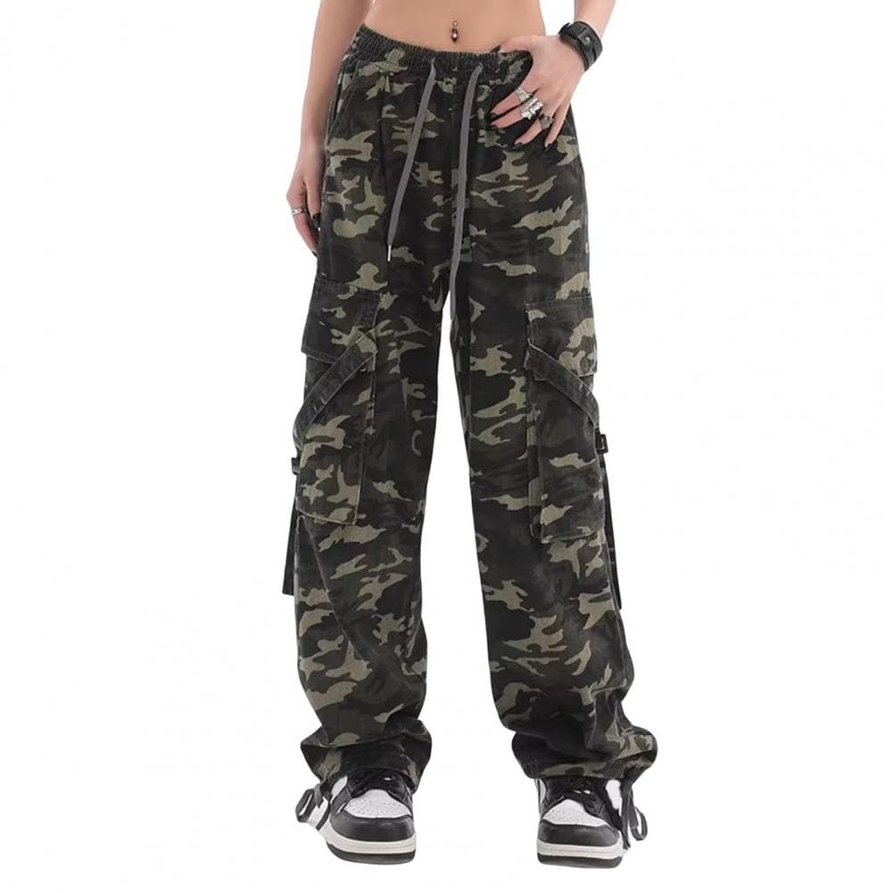 Women Cargo Pants Camouflage Print Multi Pockets Lace-Up Detail Long Pants Straight Wide Leg High Street Pants
