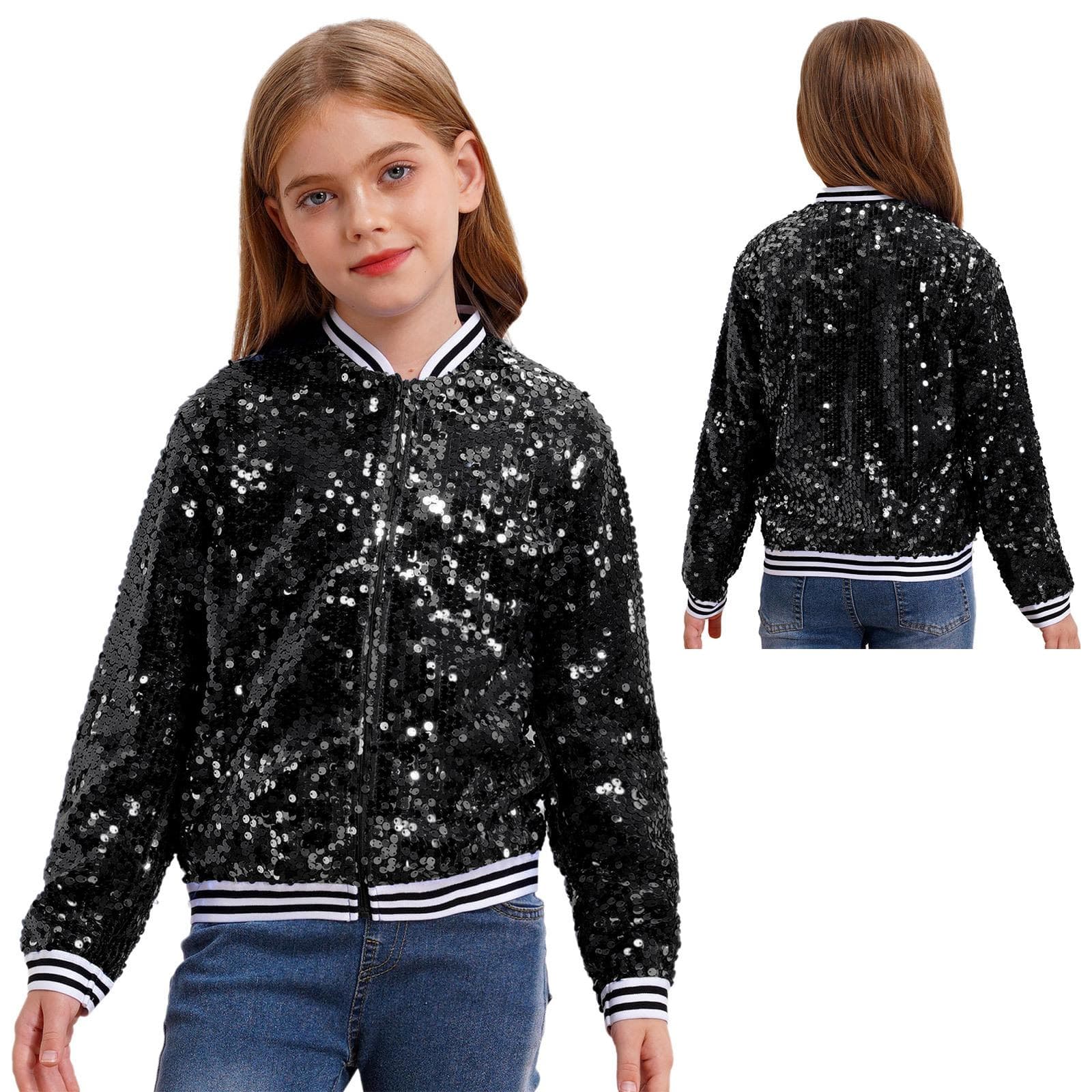 Boys Girls Baseball Jacket Coat Spring Autumn Fashion Sequins Long Sleeve Zipper Outerwear Street Dancing Party Bomber Jackets 9-10 Years black
