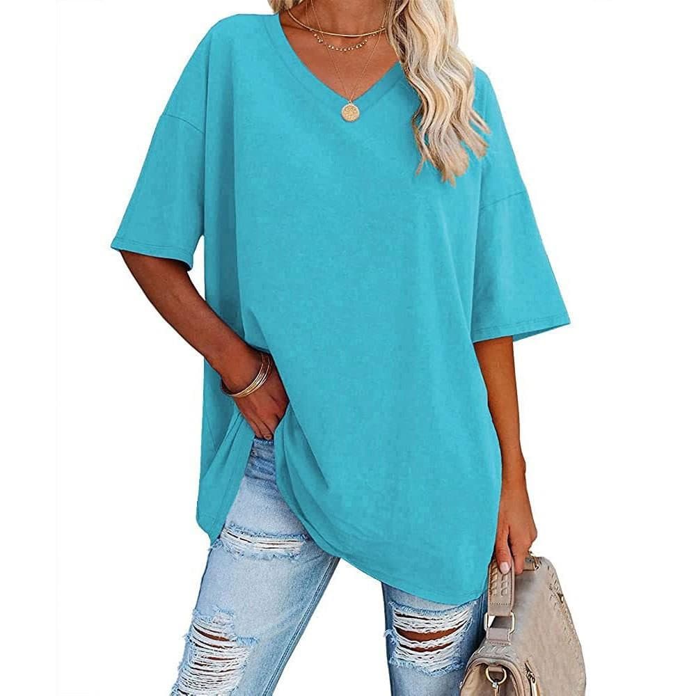 Summer Women's T-shirt Casual Solid Color V-Neck Large Size Loose Short Sleeve Top XL sky blue