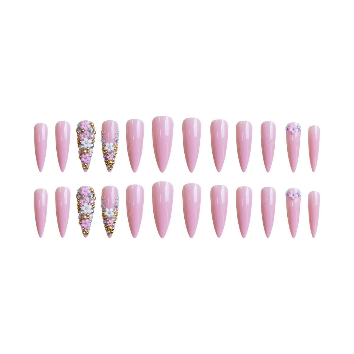24Pcs Pink Gold White Flower False Nails Press On Nails Nail Art Supplies