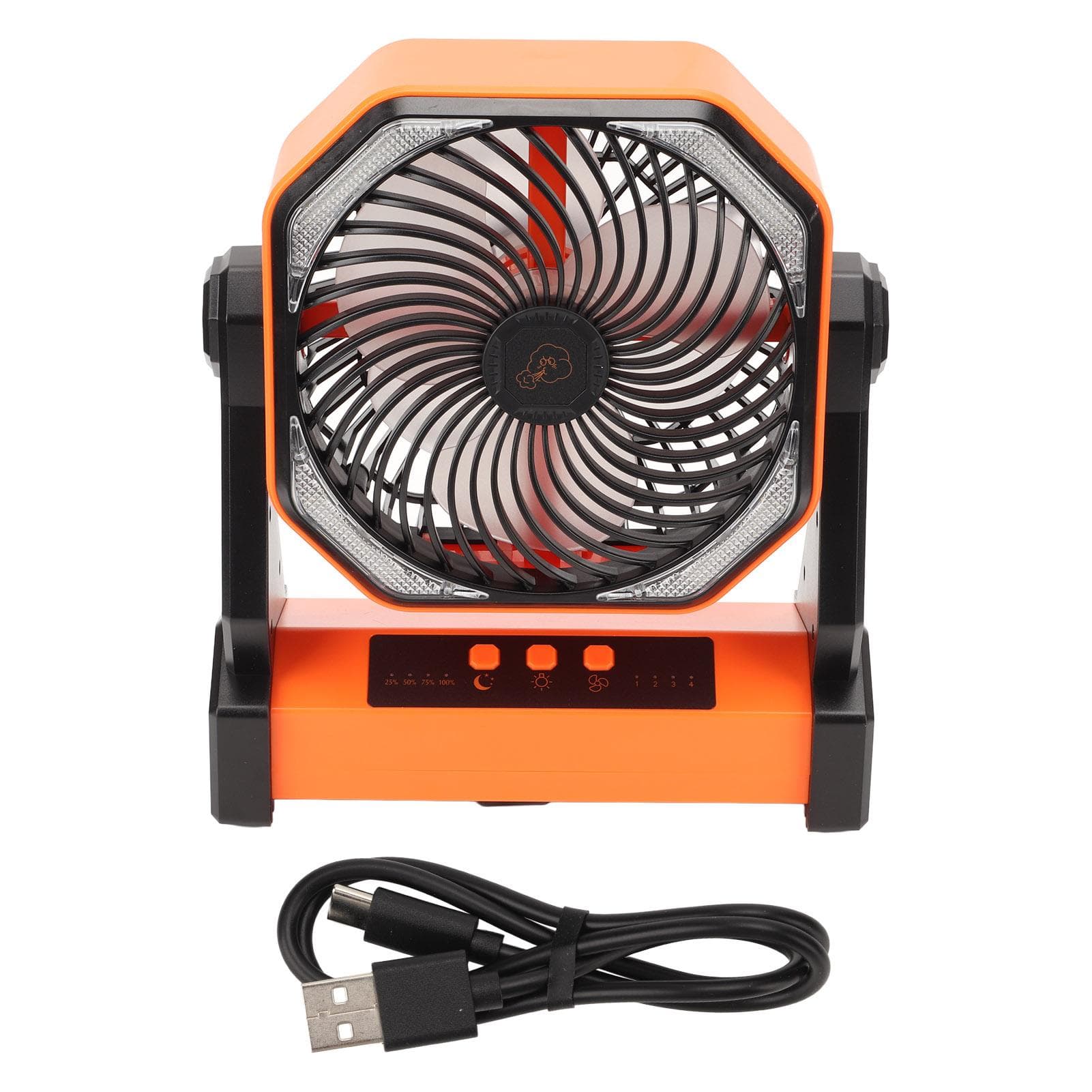 Camping Fan with LED Lantern 4 Levels 270 Degree Pivot Large Air Volume USB Rechargeable Outdoor orange