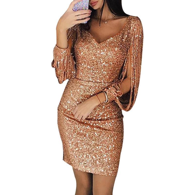 Women's Spring and Summer Long Mesh Sleeve Sequin O-neck Package Hip Dress Slim Party Dresses Lady Solid Color Plus Size Club Prom Dress XXXXXL gold