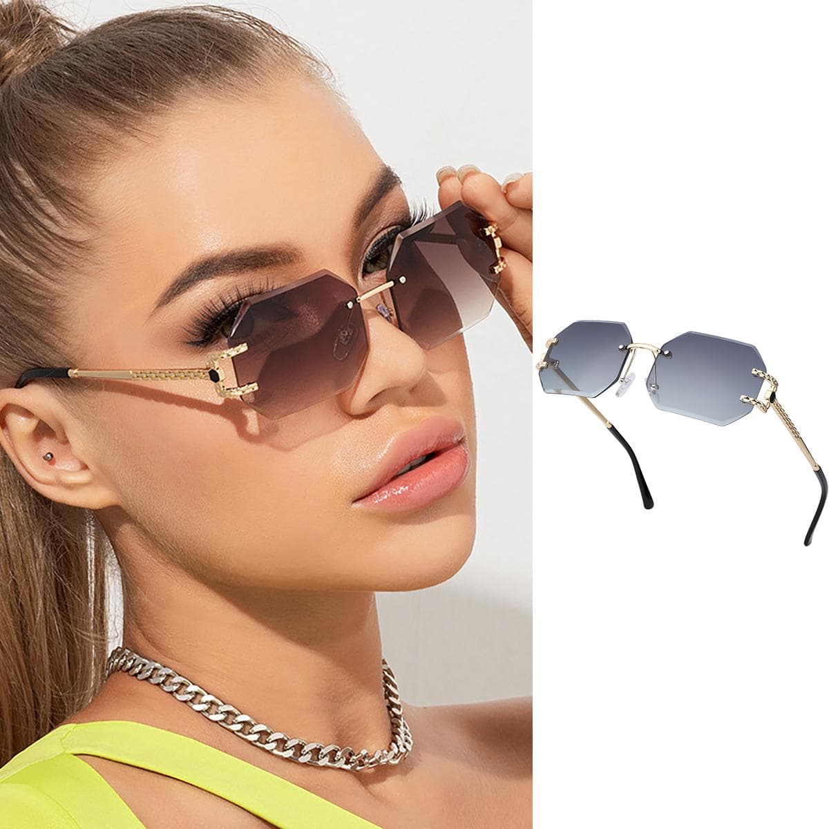 Fashion Octagon Sunglasses for Women Men Frameless Sun Glasses Black Shade Polygon Tinted Eyewear UV Protection