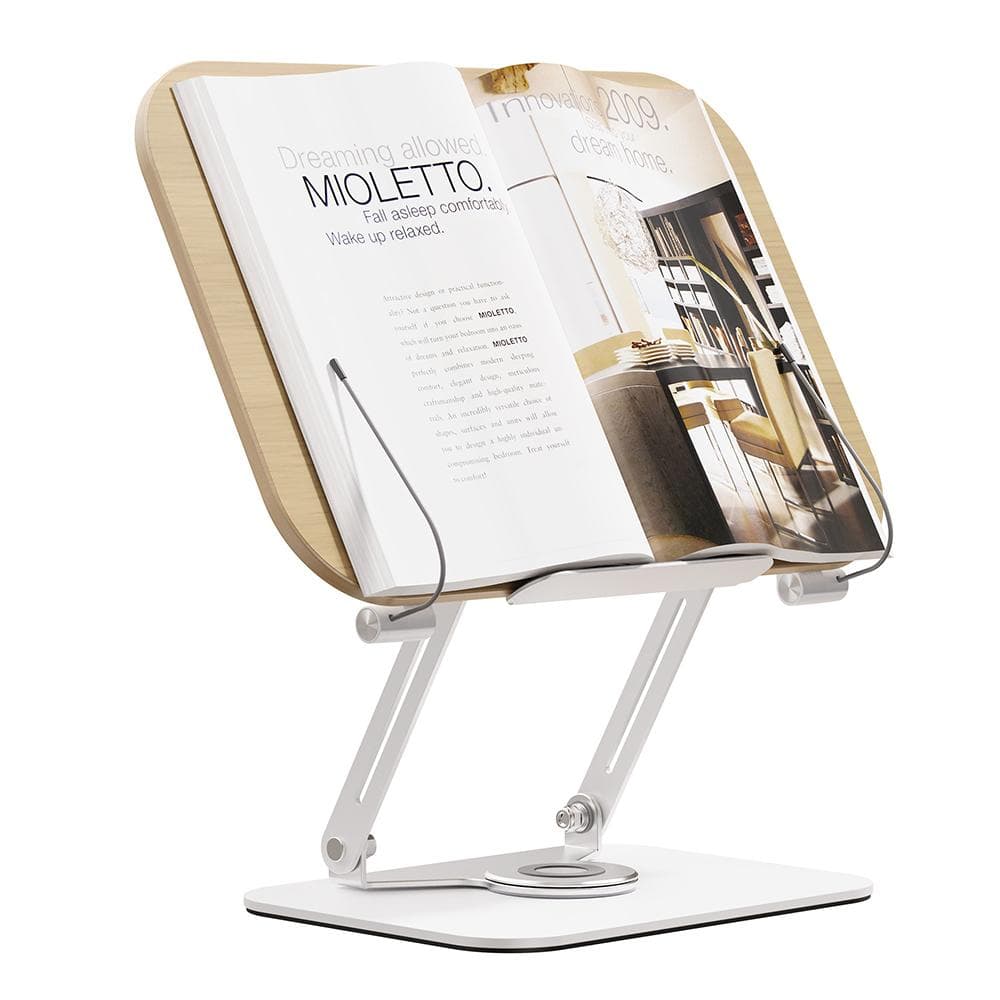 Desktop Book Stand for Reading with 360 degrees Rotating Base Plywood Panel & Page Clips Foldable and