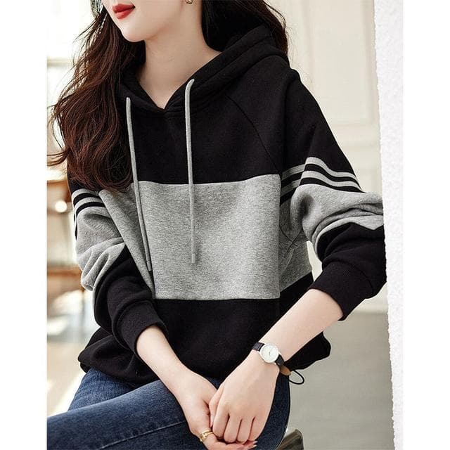 Autumn Winter Loose Casual Patchwork Hoodies Ladies Simple Fashion All-match Pullover Top Women Hooded Sweatshirt Female Clothes XXXXL black