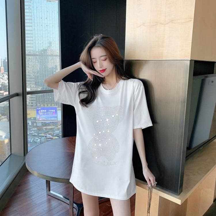 Silver Diamond Shiny Iron Diamond Mid-length T-shirt Women's Short-sleeved Spring and Summer Women's Top XXXL white
