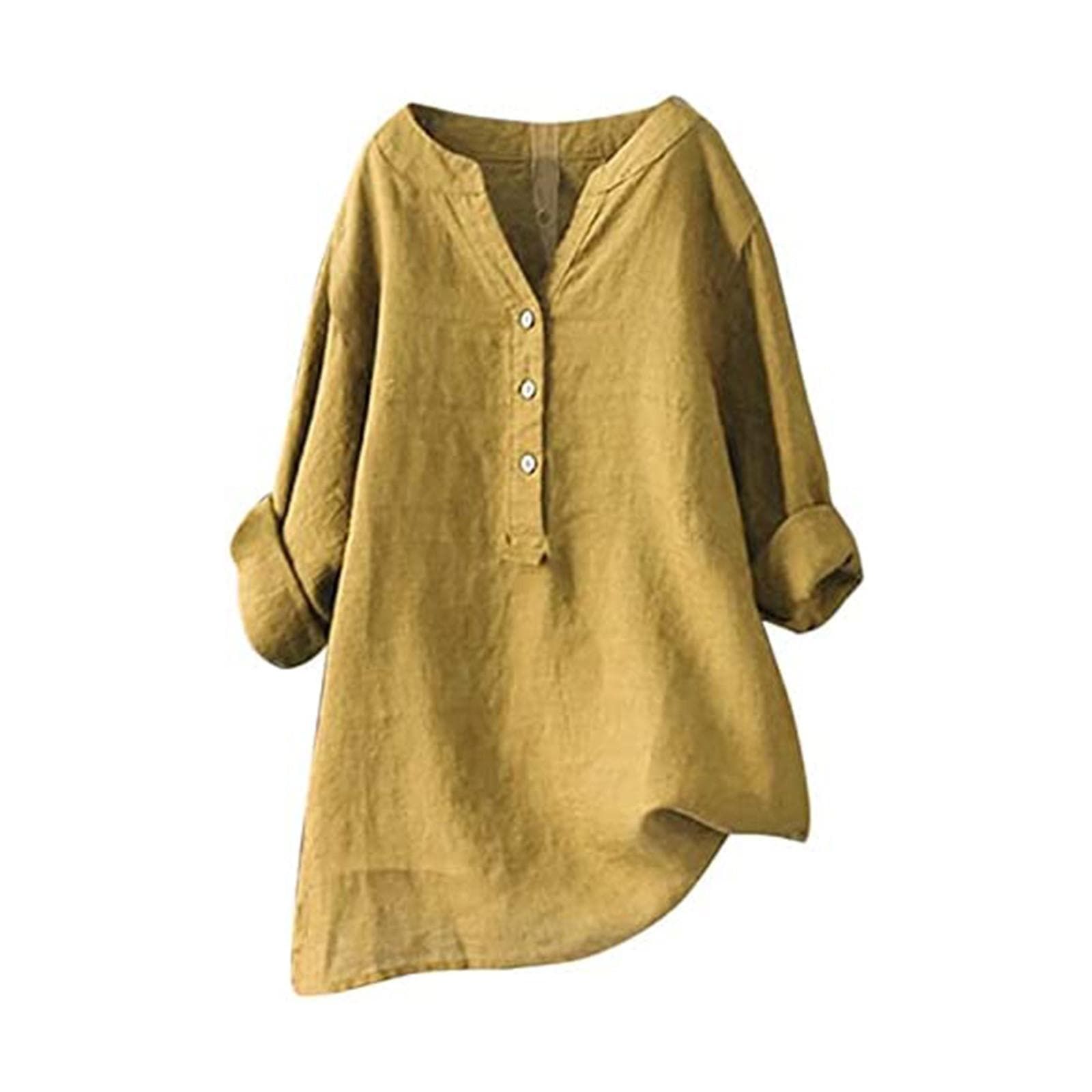 Women Solid Stand Collar Long Sleeve Shirt Casual Loose Blouse Button Down Tops XXL yellow