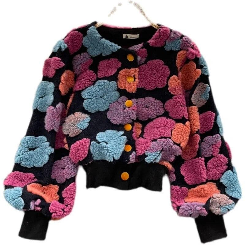Sweet Long Sleeve Single Breasted Short Jacket Retro Three-dimensional Flower O Neck Clothing Spring Color Coat XL pink