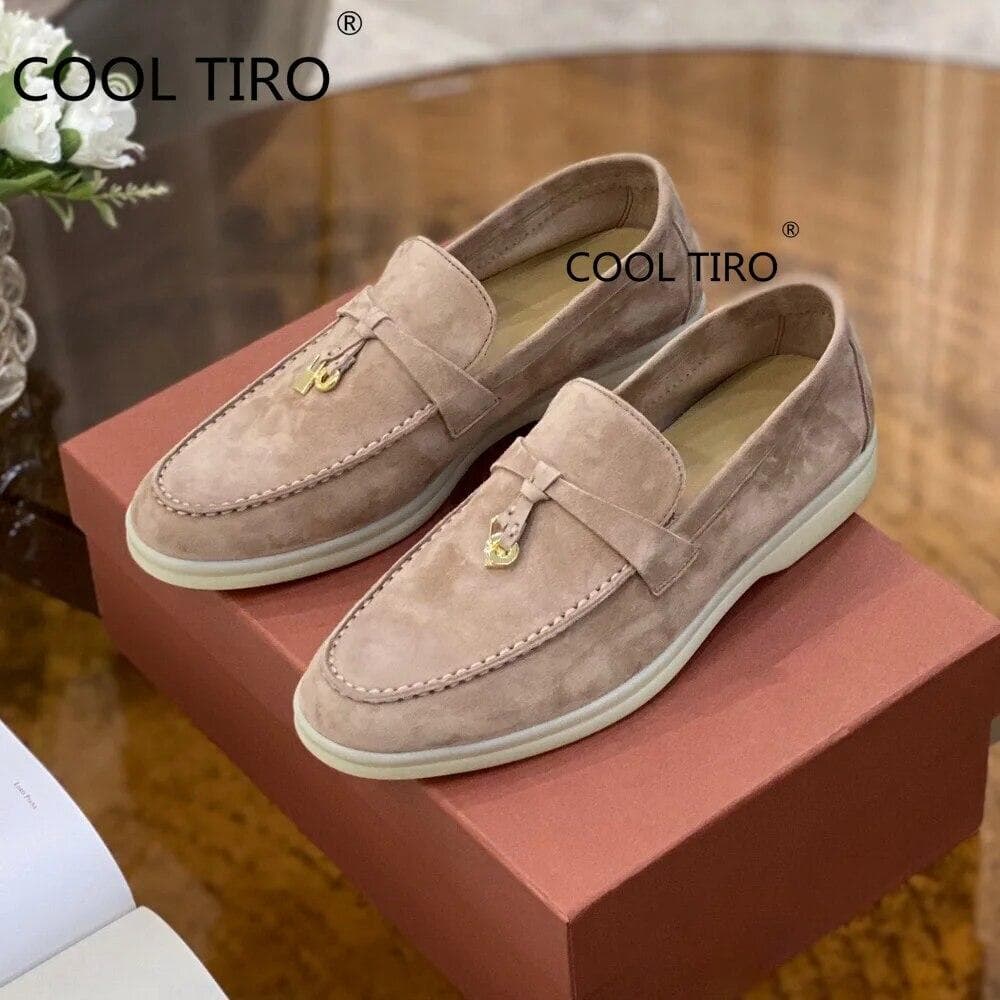 Woman Flat Shoes Slip On Women Loafers Leather Metal Lock Blue Suede Moccasins Mules Casual Driving Shoe Summer Walk Shoes Femme 39