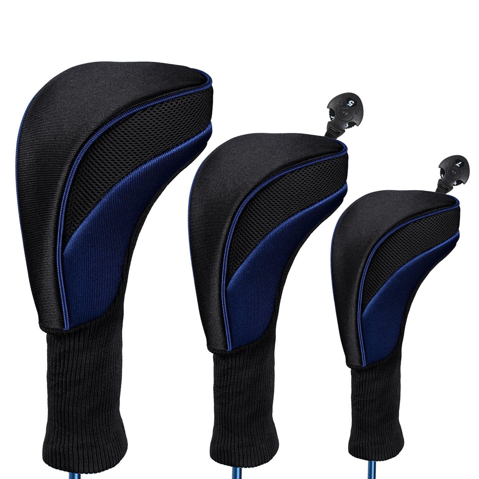 3pcs Golf Head Covers Driver Fairway Woods Headcovers Golf Accessories black/blue
