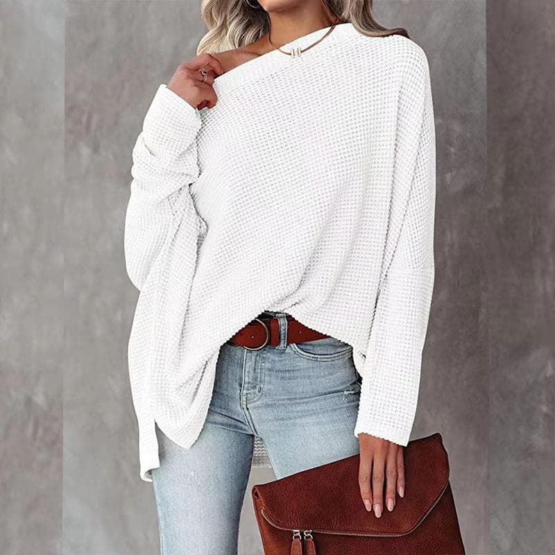 Spring and Autumn Women's T-shirt Casual Off-shoulder Bat Long Sleeve Waffle Knitted Oversized Pullover Sweater Pullover Tops L white