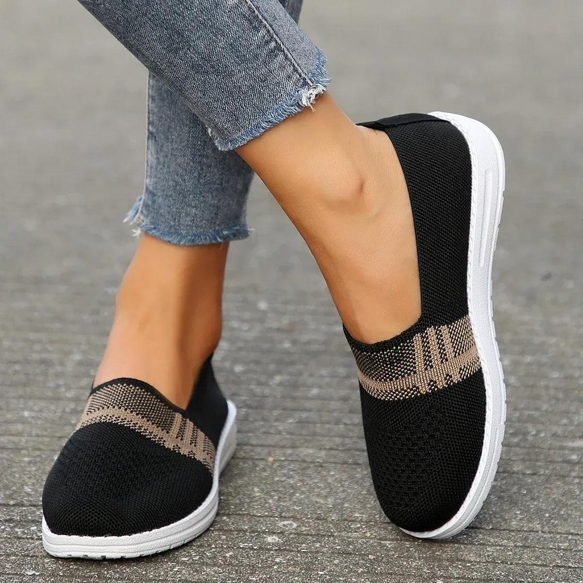 Mix Color Striped Knitted Flats Women Breathable Mesh Soft Sole Spring Non-Slip Casual Walking Shoes 43 43