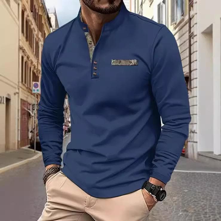 Men's spring and autumn men's stand-up collar polo shirt casual sports long-sleeved Henley shirt L denim blue