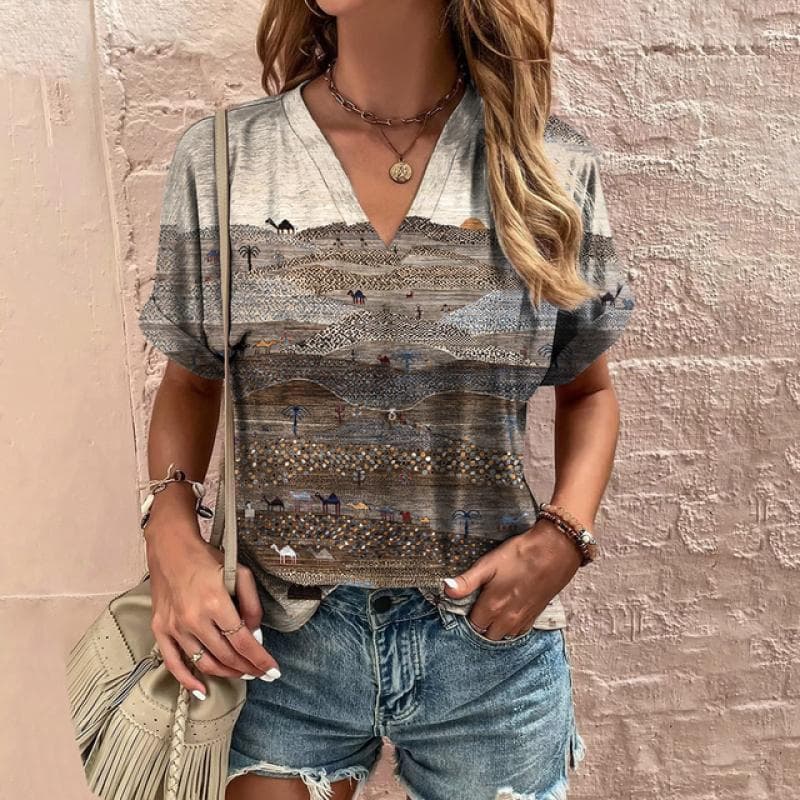 Retro Women's T-Shirt Summer V-Neck Short Sleeve Tee Casual Harajuku Stripe Print T Shirt for Women Streetwear Pullover Tops New XL