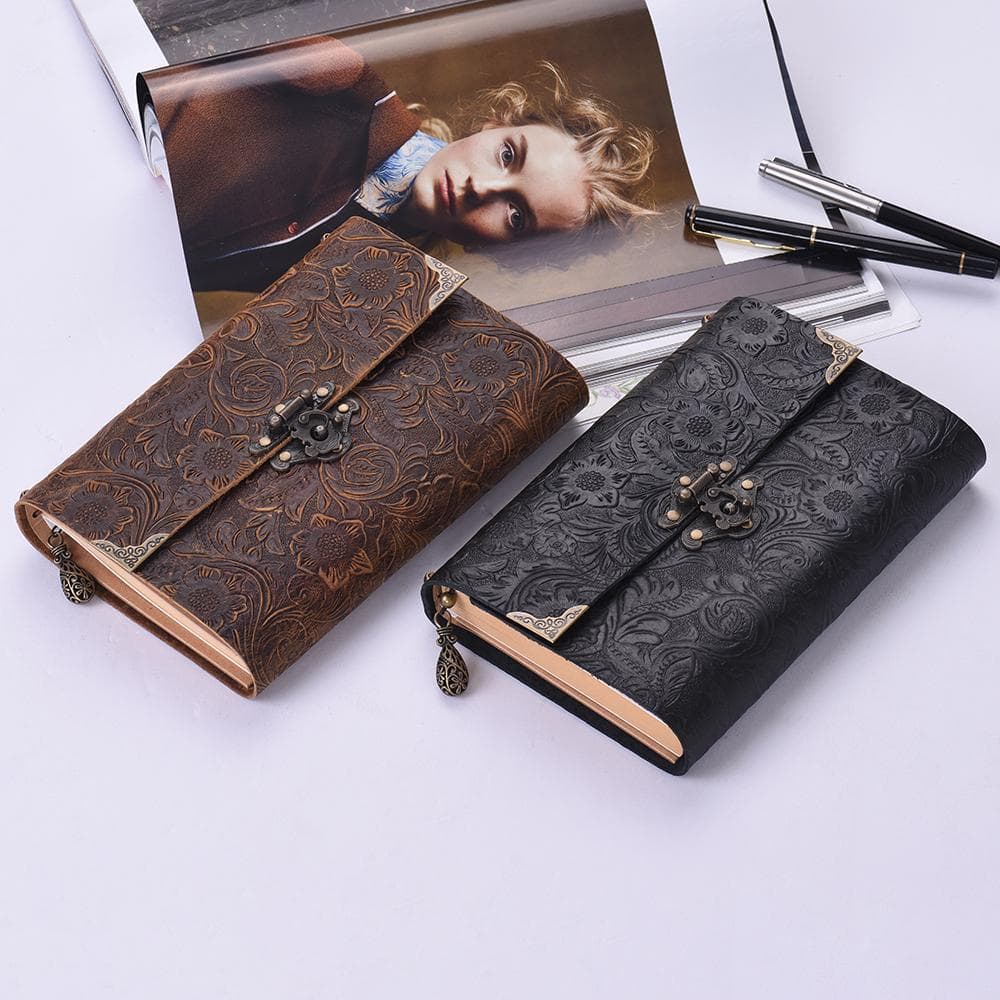 Notebook Handmade Embossed Pattern Soft Leather Journal Travel Notebook with lock and Key Diary Notepad brown