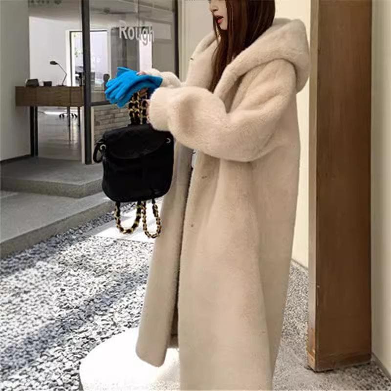 New Imitation Velvet Mink Coat Fur One-piece Women's Winter Hooded Eco-friendly Fur Coat L