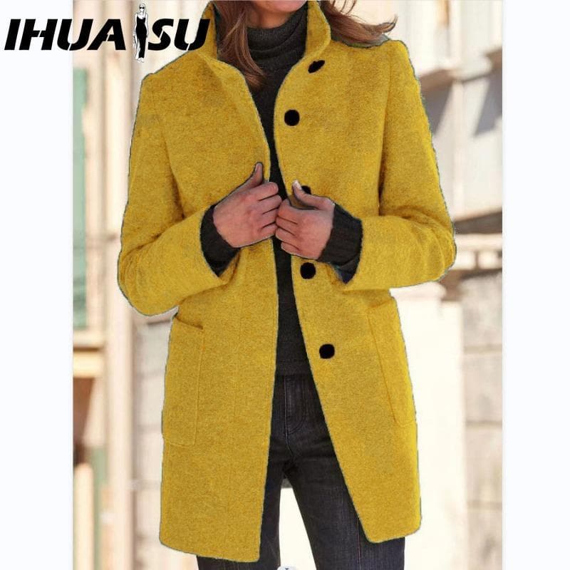 IHUASU Women's Vintage Casual lattice Print Autumn Winter Long Sleeve POLO Neck Jackets & Coats S yellow
