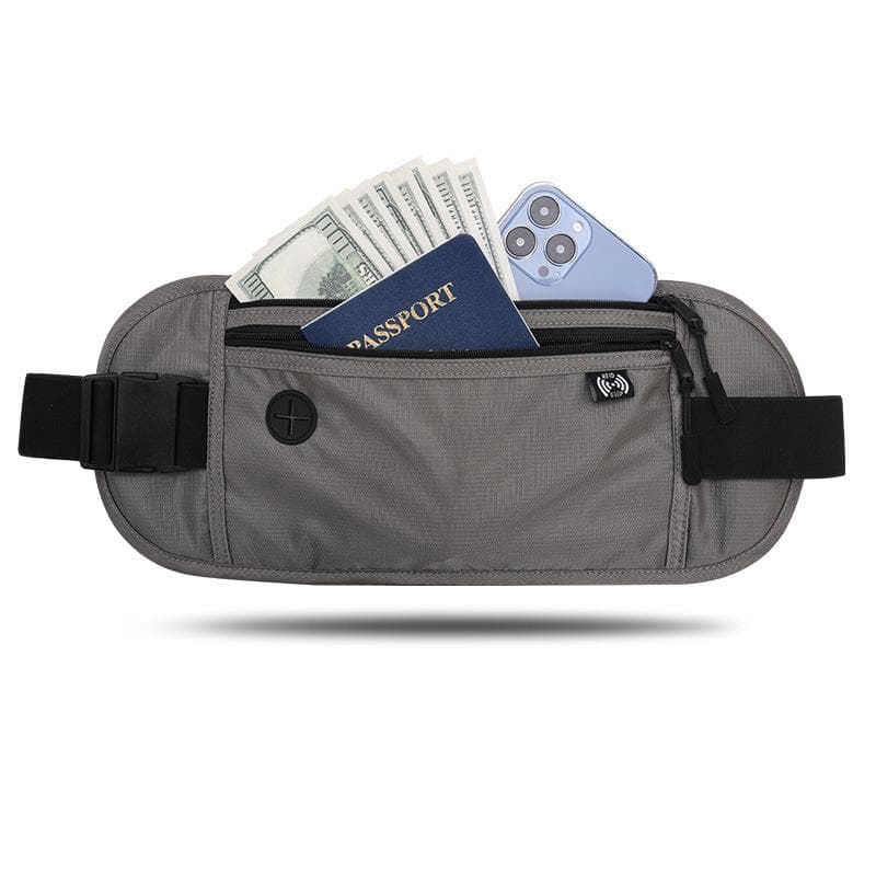 Travel Waist Bag RFID Blocking Waterproof Waist Fanny Pack Hidden Wallet RFID Blocker Passport Holder Bag light grey