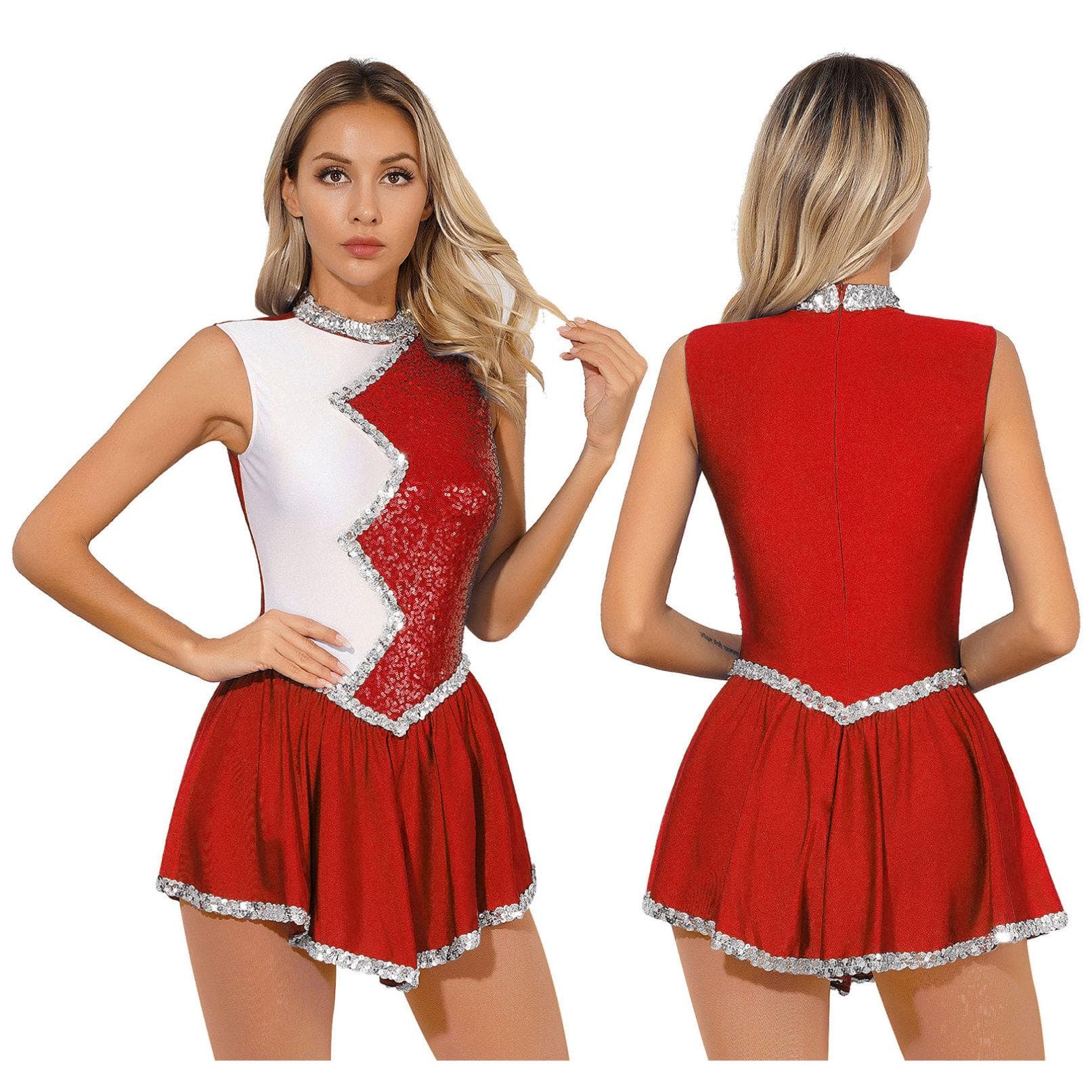 Women's Glitter Sequins Cheerleading Uniform Cheer Leader Outfits Figure Skating Dance Dress Performance Costume XL red